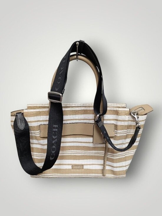 Coach Stripe Leather Tote Bag – Beige White – Shoulder Bag - Picture 1 of 5